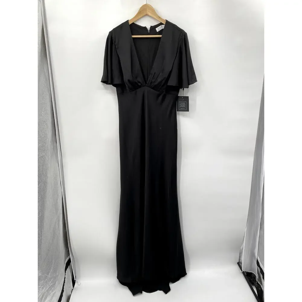 Ieena Mac Duggal 8 Black Satin Flutter Sleeve NWT